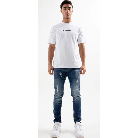 B Couture High Barnet Taper Fit Jeans Paint Splatter Mid Blue Stretchy Men Sz 36 - Picture 2 of 12